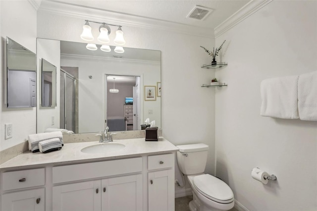 ensuite bathroom with vanity, visible vents, a shower stall, crown molding, and toilet