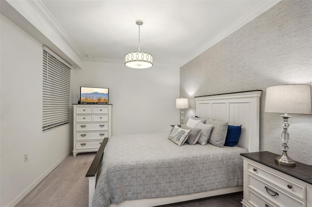 carpeted bedroom with crown molding and baseboards