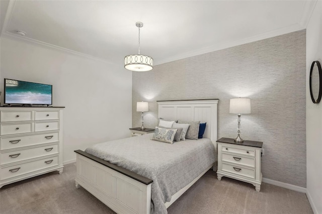 carpeted bedroom featuring wallpapered walls, crown molding, and baseboards