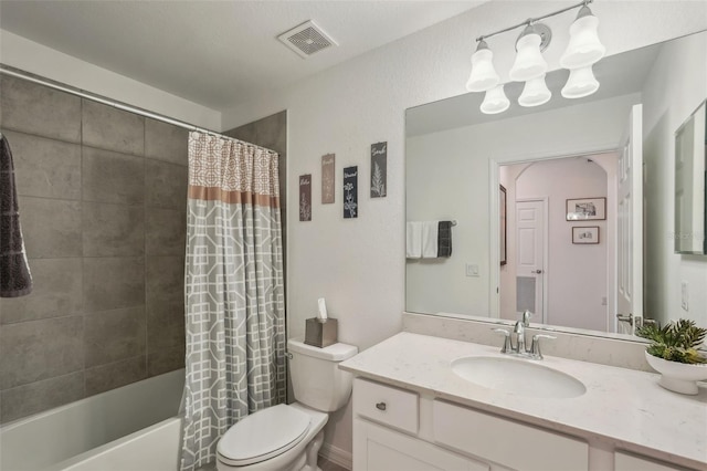 full bath with visible vents, toilet, shower / bath combo, and vanity