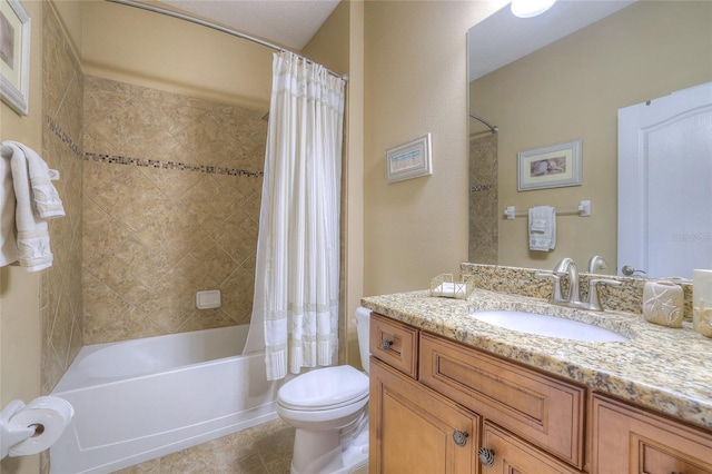 full bathroom with shower / bath combo with shower curtain, toilet, vanity, and tile patterned flooring