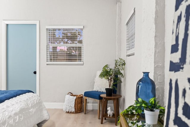 bedroom with baseboards and wood finished floors