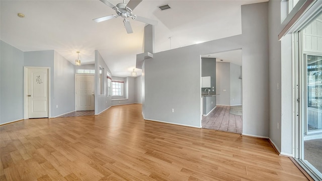 unfurnished living room with a sink, a ceiling fan, visible vents, and light wood-type flooring