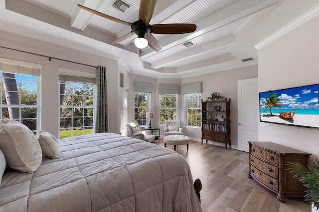 bedroom with beam ceiling, visible vents, light wood-style flooring, and a ceiling fan