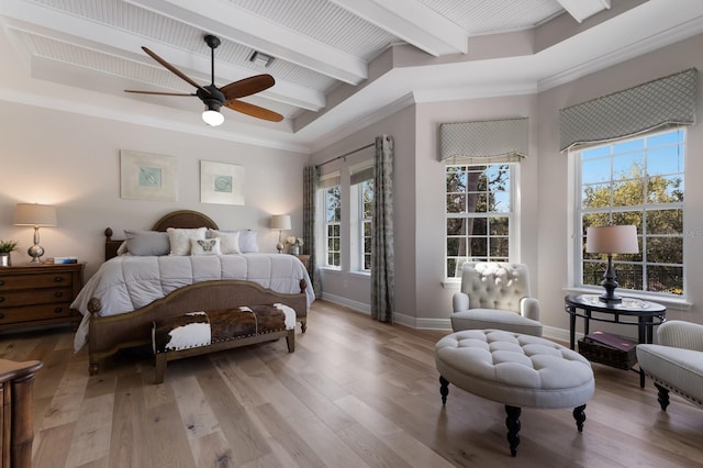 bedroom featuring beam ceiling, baseboards, light wood finished floors, and ceiling fan