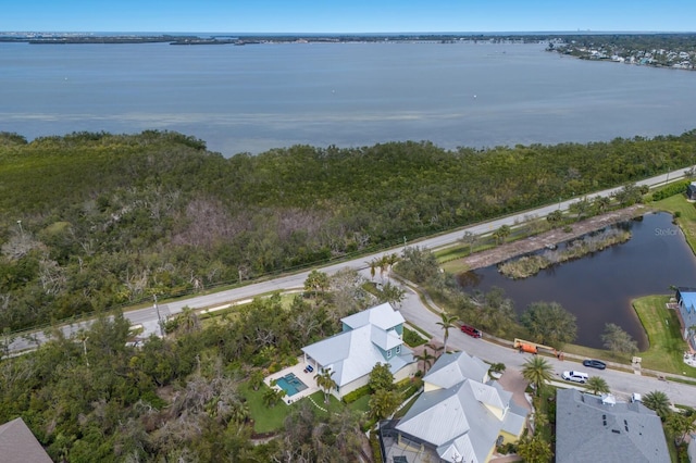 drone / aerial view featuring a water view