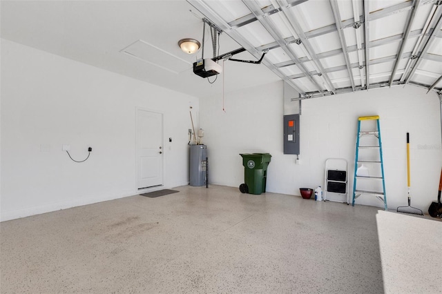 garage featuring electric panel, a garage door opener, and water heater