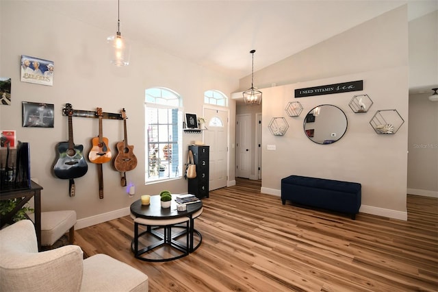 living area featuring baseboards, lofted ceiling, and wood finished floors