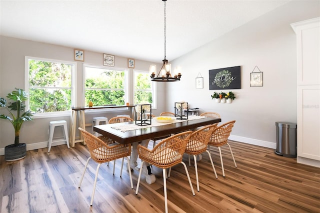 dining room with lofted ceiling, plenty of natural light, and wood finished floors