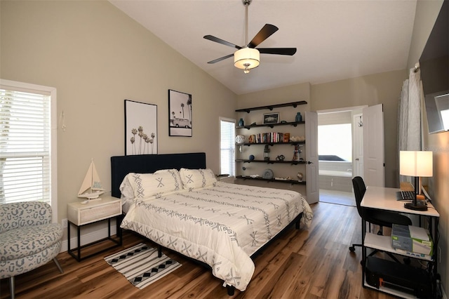 bedroom featuring vaulted ceiling, baseboards, a ceiling fan, and wood finished floors