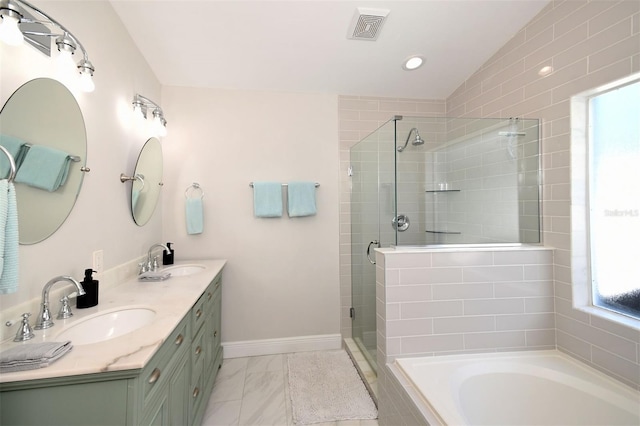 full bath featuring a sink, visible vents, a stall shower, and a bath