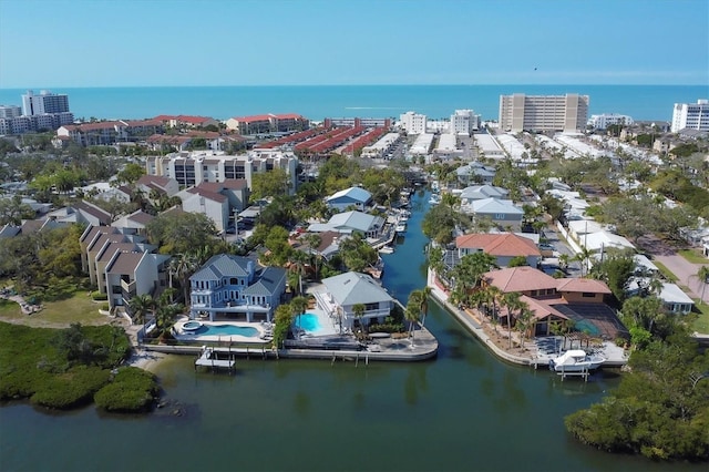 aerial view featuring a water view