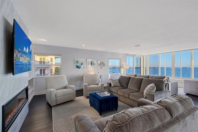 living room featuring wood finished floors, visible vents, baseboards, a water view, and a glass covered fireplace