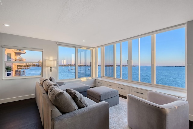 living area featuring dark wood-style flooring, recessed lighting, baseboards, and a water view