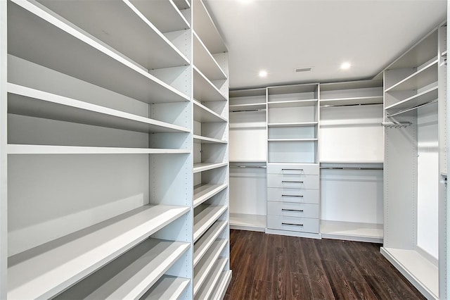 spacious closet with visible vents and dark wood-style floors