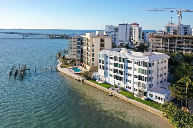 drone / aerial view featuring a water view