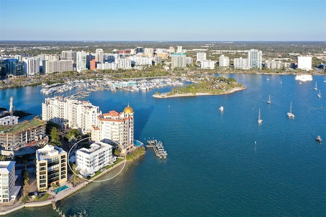 birds eye view of property with a view of city and a water view