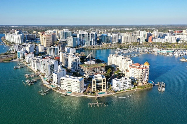 drone / aerial view with a view of city and a water view