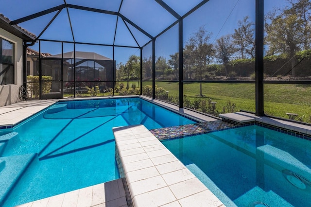 view of pool with glass enclosure, a patio, a yard, and a pool with connected hot tub