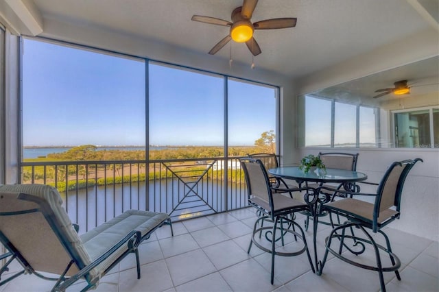 sunroom featuring a ceiling fan and a water view