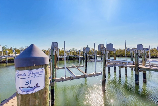 dock area with a water view and boat lift