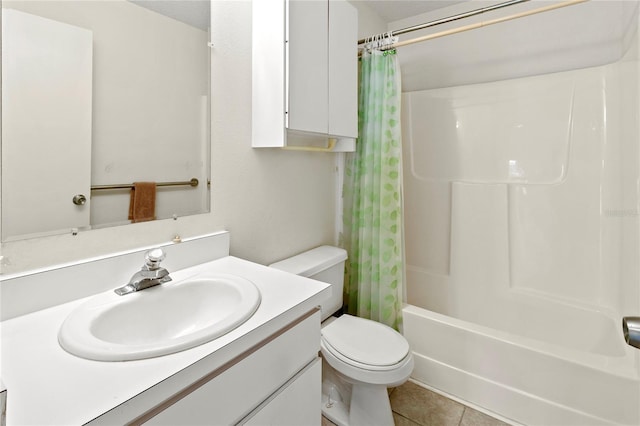 bathroom featuring tile patterned floors, shower / tub combo with curtain, toilet, and vanity