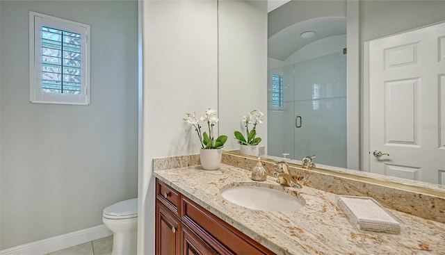 bathroom with vanity, baseboards, a stall shower, tile patterned flooring, and toilet