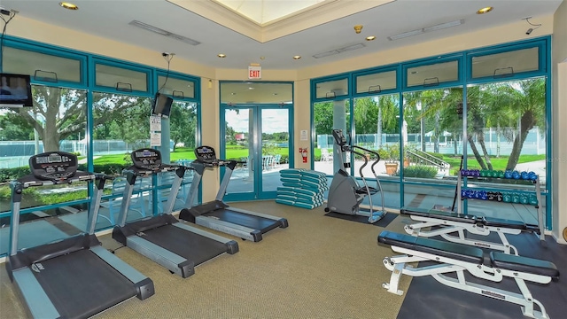 workout area featuring recessed lighting, carpet, and visible vents