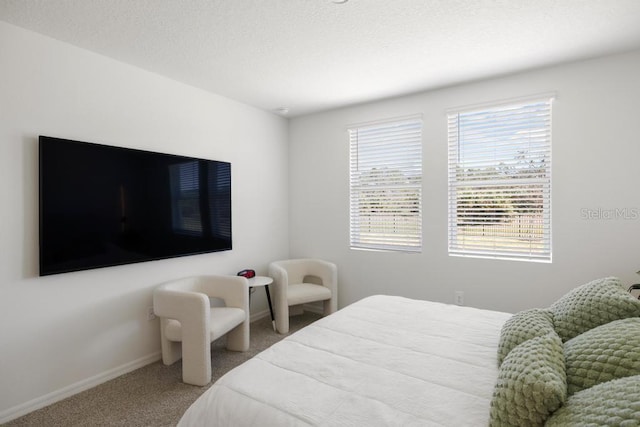 carpeted bedroom featuring baseboards and a textured ceiling