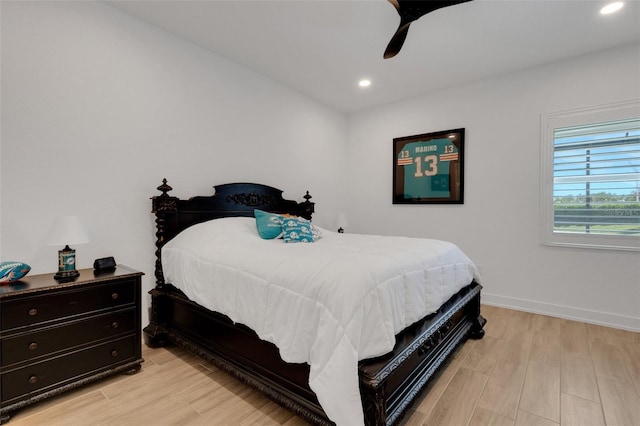 bedroom featuring recessed lighting, baseboards, a ceiling fan, and light wood finished floors