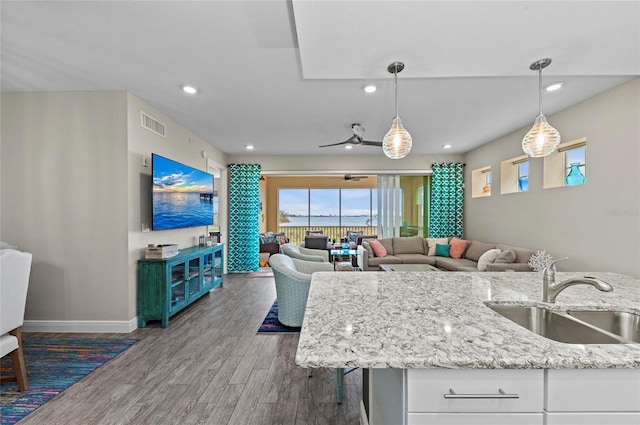 kitchen with visible vents, light stone countertops, recessed lighting, wood finished floors, and a sink