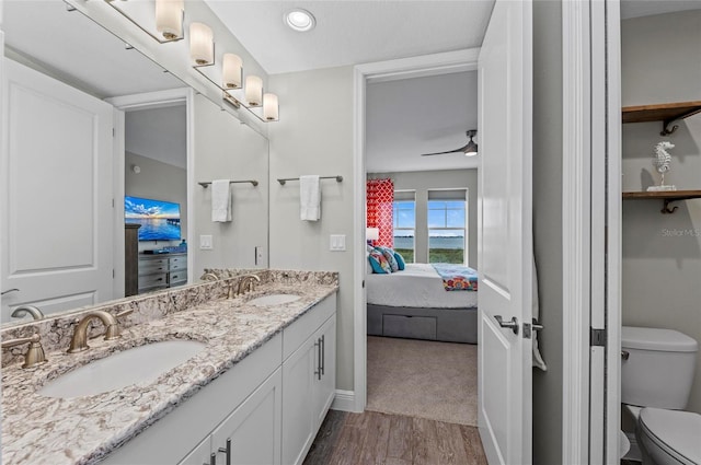 ensuite bathroom featuring a sink, toilet, wood finished floors, and ensuite bathroom