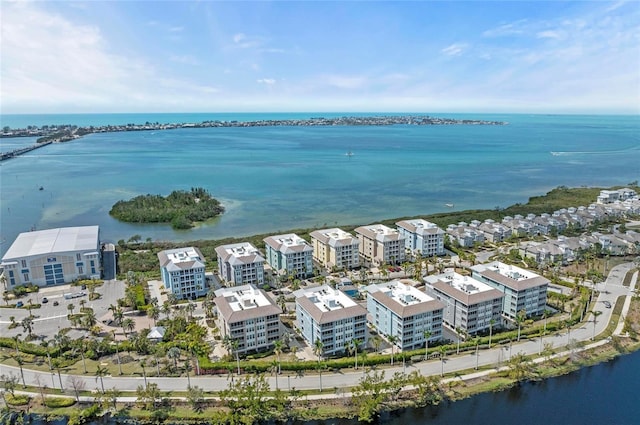 aerial view with a city view and a water view