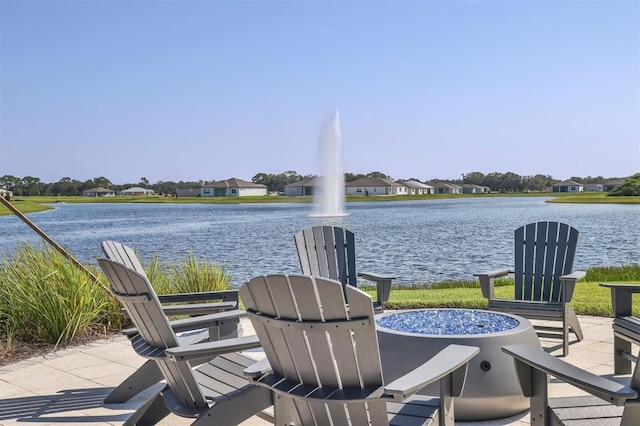 view of patio with a water view