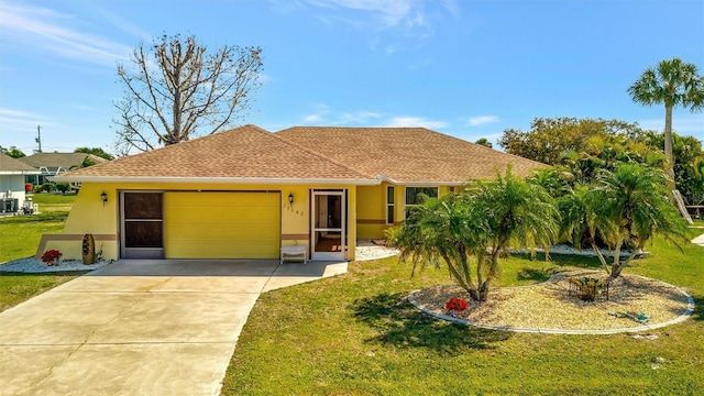 ranch-style house featuring stucco siding, driveway, a front lawn, a shingled roof, and a garage