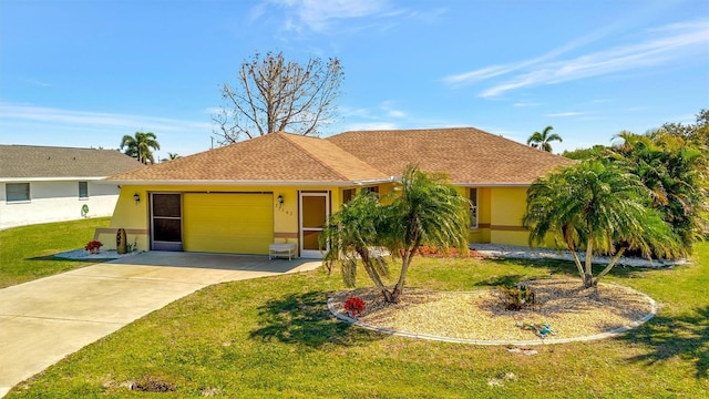 single story home featuring stucco siding, a front lawn, concrete driveway, and an attached garage