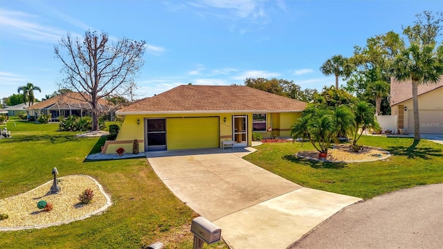 single story home with stucco siding, driveway, a front yard, and an attached garage