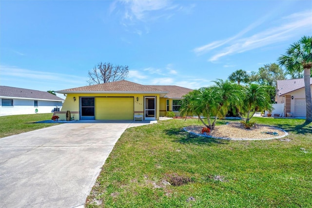 ranch-style home featuring stucco siding, concrete driveway, a front lawn, and a garage