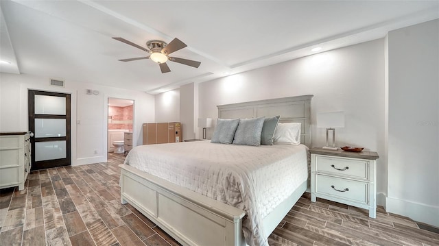 bedroom with baseboards, visible vents, wood finish floors, recessed lighting, and ceiling fan