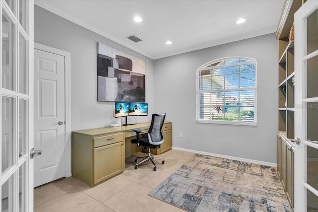 office area with visible vents, recessed lighting, french doors, crown molding, and light tile patterned floors