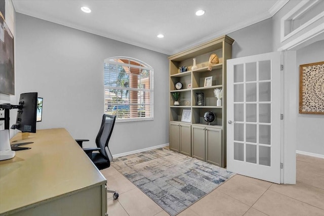 office featuring light tile patterned floors, baseboards, recessed lighting, and crown molding