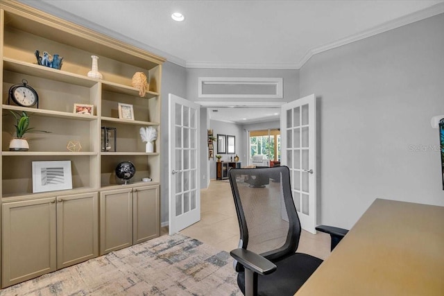 office space with light tile patterned floors, recessed lighting, french doors, and crown molding