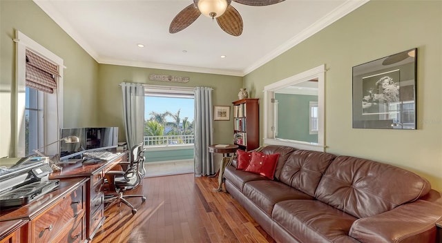 home office with recessed lighting, ceiling fan, crown molding, and hardwood / wood-style flooring