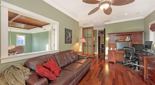 office featuring dark wood-style floors, ceiling fan, crown molding, and built in study area