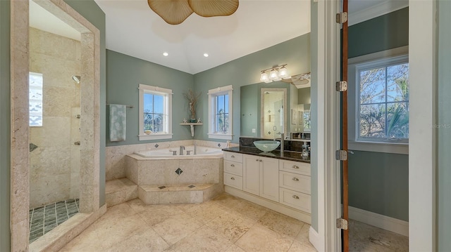 full bathroom featuring a tile shower, visible vents, vanity, and a garden tub