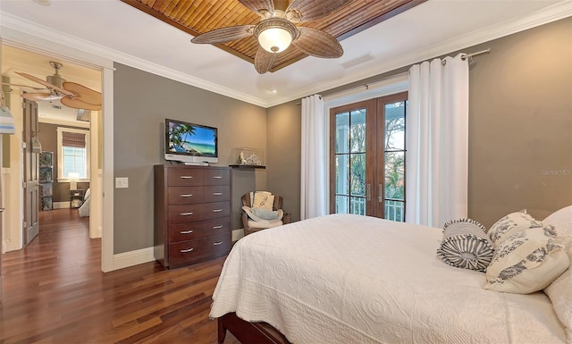 bedroom with visible vents, dark wood finished floors, french doors, crown molding, and baseboards