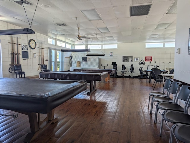 recreation room featuring visible vents, pool table, and hardwood / wood-style floors