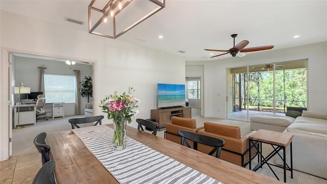 dining space with recessed lighting, a ceiling fan, visible vents, and a wealth of natural light