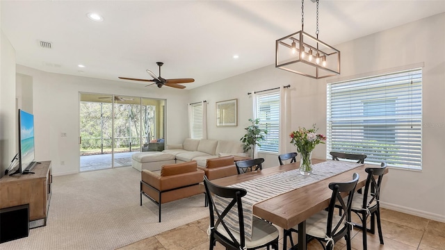 dining space featuring baseboards, recessed lighting, visible vents, and ceiling fan