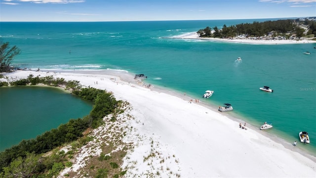 birds eye view of property with a view of the beach and a water view